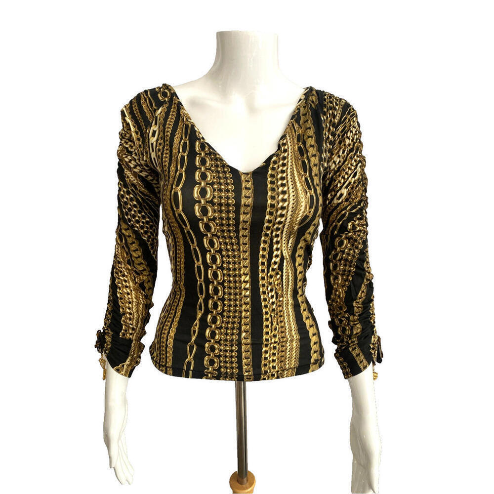Vintage ROBERTO CAVALLI Gold Chains V-Neck Long Sleeve Top XS